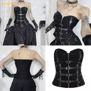 Pealike Nữ Xương Cá Dây Kéo Phía Trước Không Dây Xe Tăng Da Có Khóa Áo Vest Corset
