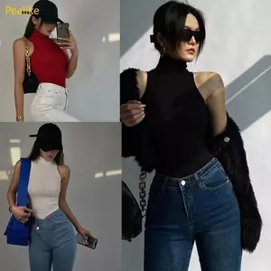 Pealike Womens Turtleneck Cơ Bản Crop Tank Ribbed Đan Màu Trơn Bodycon Áo Len Không Tay Áo Vest Rốn Áo Sơ Mi