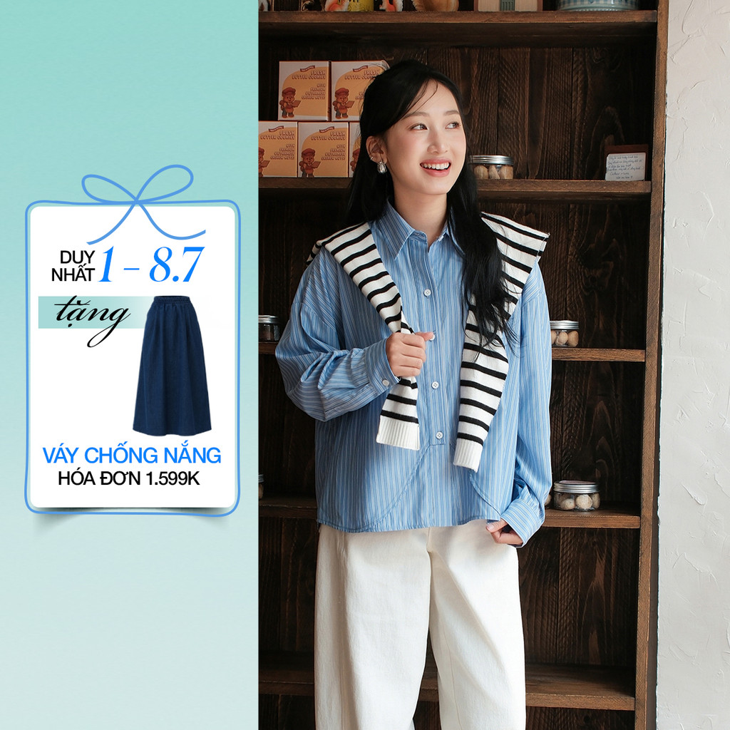Áo sơ mi nữ form boxy Gmorning - GUMAC tay dài lai kiểu thân trước vạt áo cách điệu YAG01026