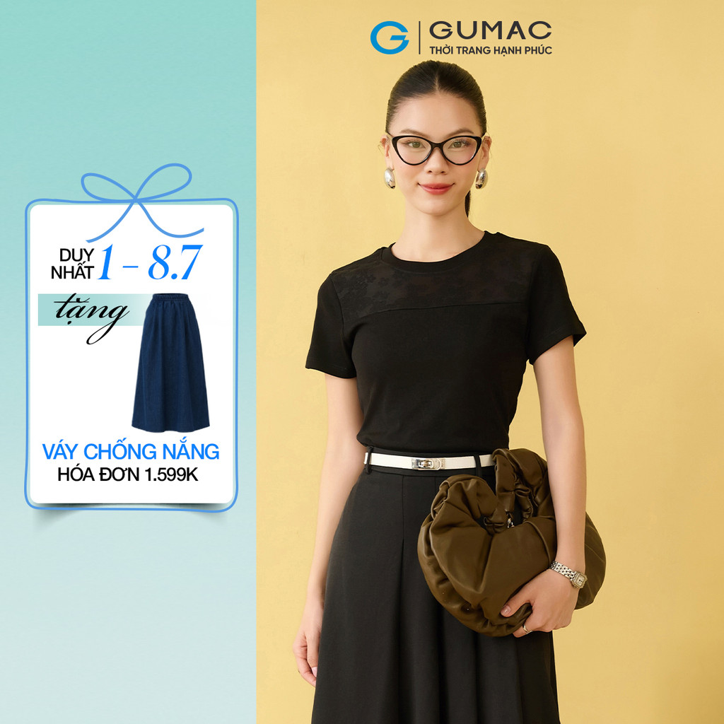 Áo thun nữ GUMAC form slim kiểu phối ren cổ bo tròn tay ngắn  ATF10008