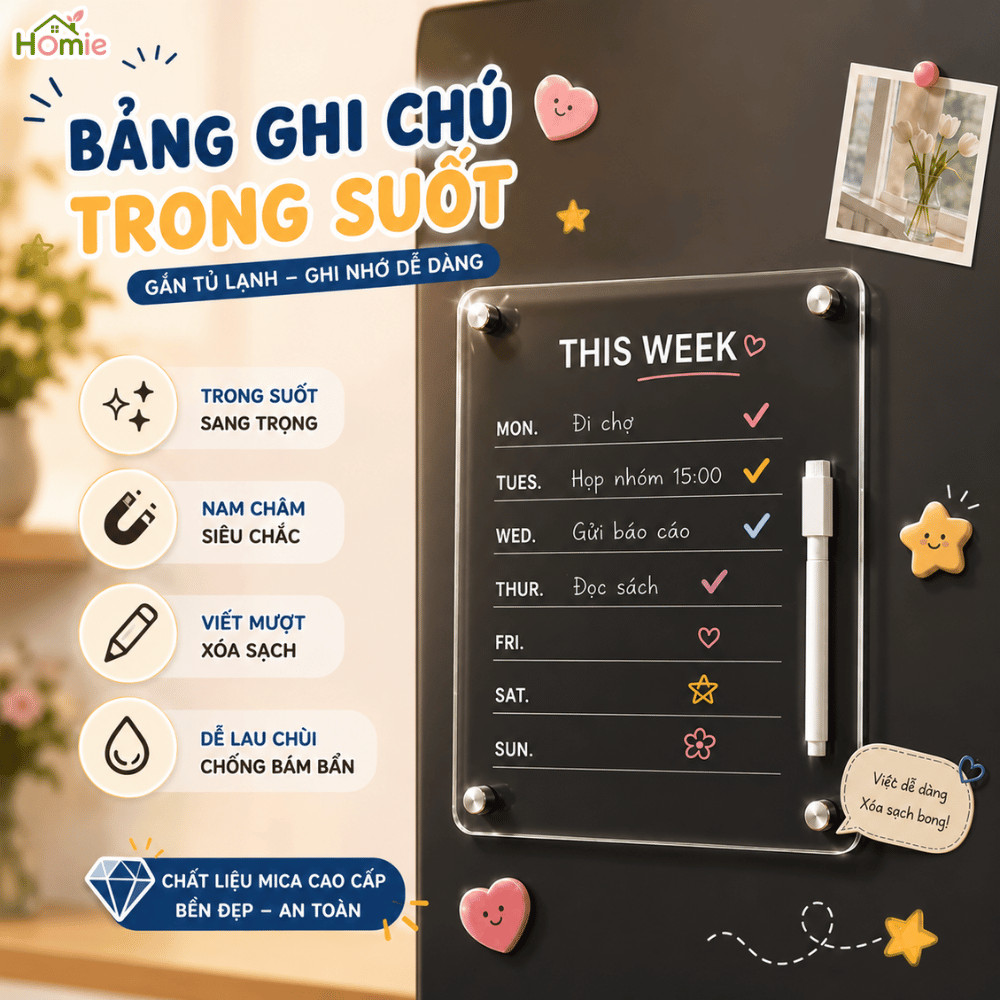 [TẶNG KÈM BÚT TRẮNG] Bảng Ghi Chú Trong Suốt Gắn Tủ Lạnh HOMIE, Bảng Acrylic Nam Châm Lập Kế Hoạch Dễ Xóa