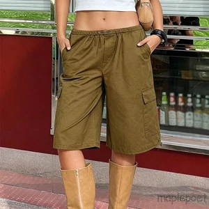 MAPLEPOET-Quần short Denim chở hàng cho nữ Mùa hè Chiều dài đến đầu gối Quần short Jean ống rộng hợp thời trang có túi