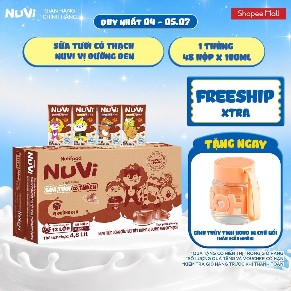 Thùng 48 Hộp Thức Uống Sữa Tươi Có Thạch NuVi Vị Đường Đen 100ml