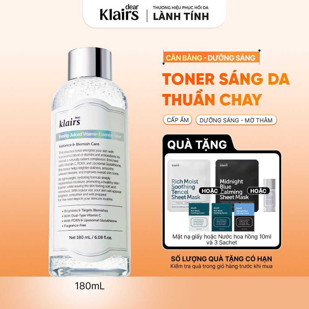 Nước hoa hồng Dear, Klairs Freshly Juiced Vitamin Essence Toner hỗ trợ làm sáng da 180ml [FS]