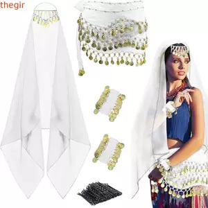 THEGIRL8B Trang phục khiêu vũ bụng dành cho nữ, Phụ kiện màn che có thể tháo rời Trang phục khiêu vũ bụng, Vòng tay cổ tay bằng đồng xu Mũ đội đầu Khăn quàng cổ Trang phục vũ công bụng