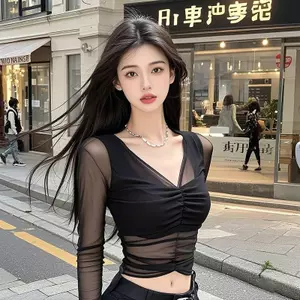 Đầu thu nhẹ nhàng dành cho con gái sang trọng Áo thun dài tay cổ chữ V ngắn Slim-Fit Pure Desire Gợi cảm Niche Celebr