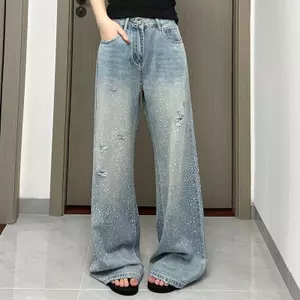 Star World Hot Diamond Denim Chất liệu mỏng Nữ 2026 Phong cách mùa hè Eo cao Ôm hơn Nhìn thẳng Quần lau sàn ống rộng