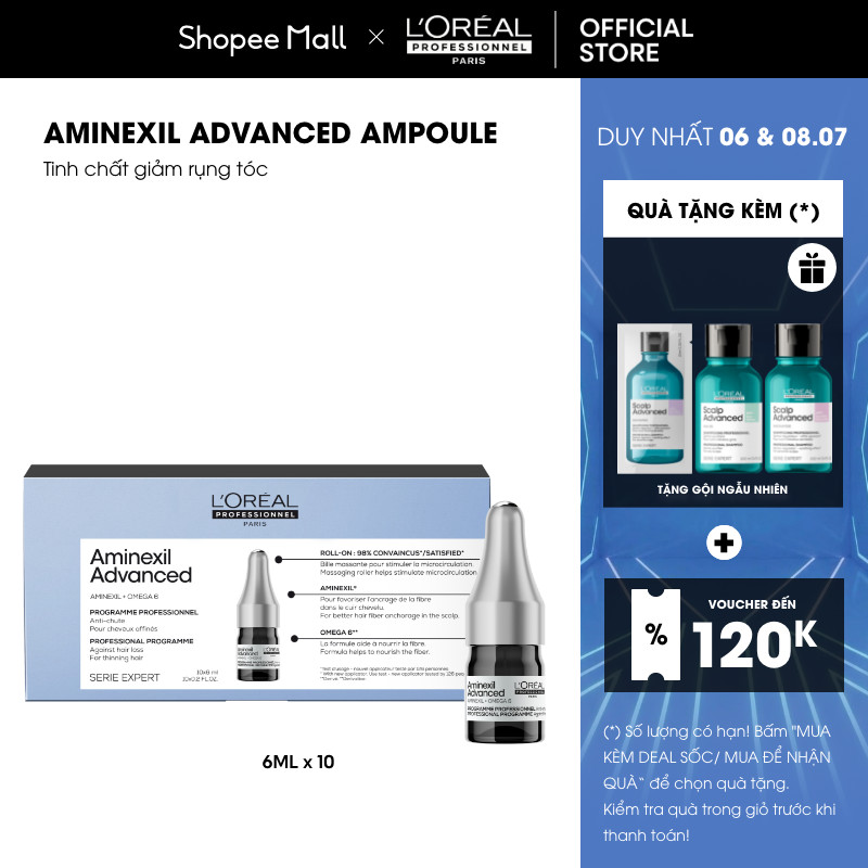Tinh chất giảm rụng tóc chuyên nghiệp L'Oréal Professionnel Aminexil Advanced Ampoule (10 lọ x 6ml) MỚI
