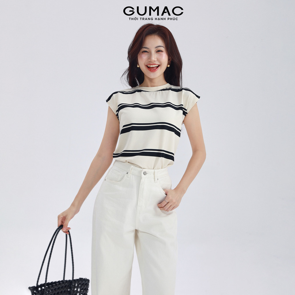 Áo Thun Tanktop Nữ GUMAC Form Suông Cổ Tròn Phối Sọc Tay Cánh Dơi Trẻ Trung LATG0409