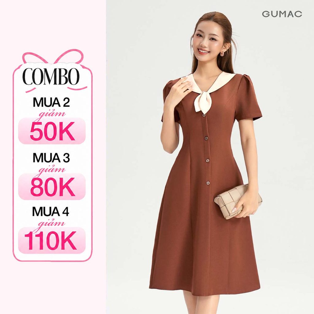 Đầm Nữ Dáng A Xòe GUMAC Cổ V Phối Bâu Cổ Hoa Tay Phồng Nhẹ Có Đính Nút Trang Trí LDG0304