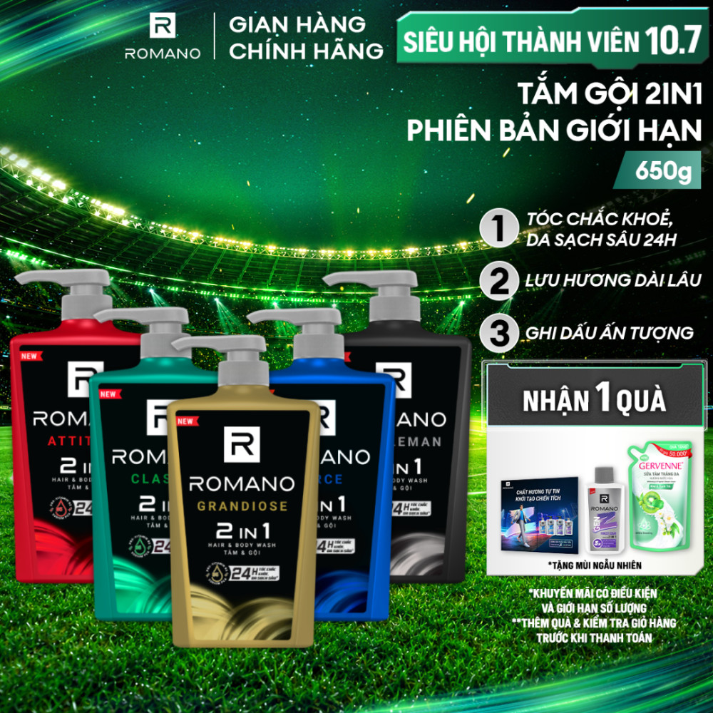 [SVIP] Tắm gội cho nam 2 trong 1 hương Nước hoa nam Romano 2in1 650g/chai