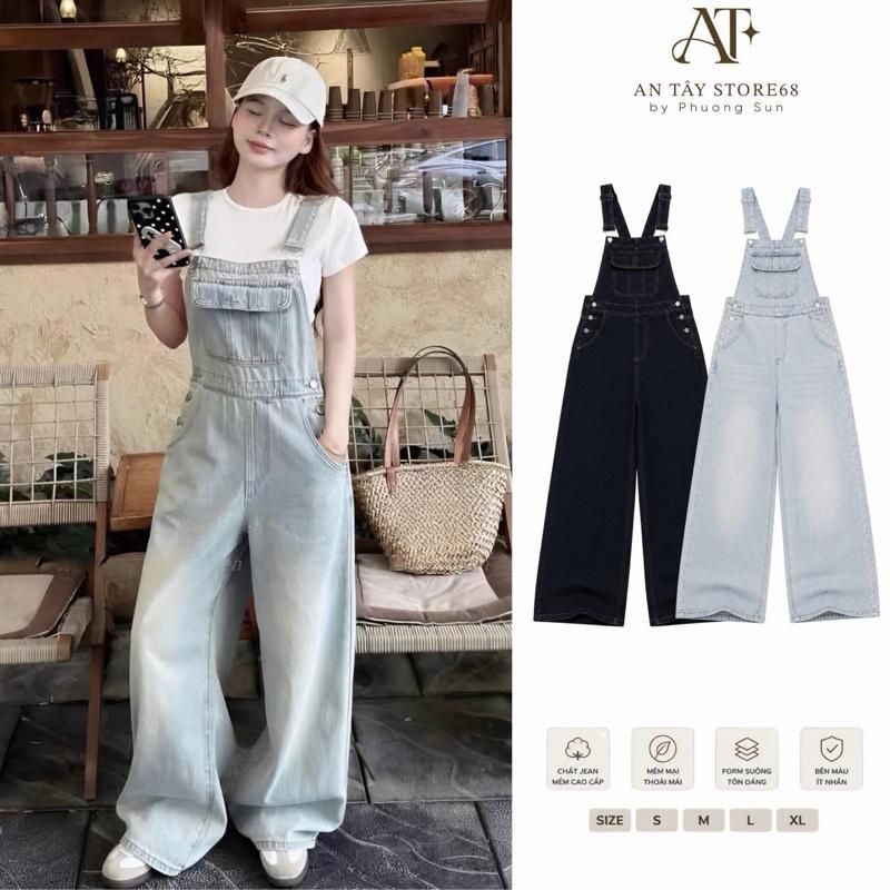 Yếm Jean Nữ Dài Ống Rộng AN TÂY Dáng Suông Cao Cấp #8737/8738 Màu Denim Xanh Nhạt/Xanh Than