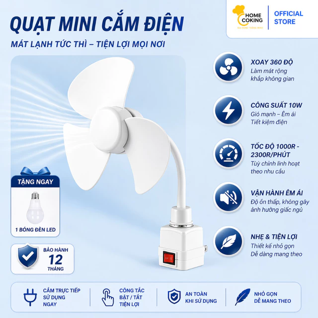 Quạt Trần Mini Gắn Đui Đèn E27 Kèm Phích Cắm – Quạt Trần Mini 3 Cánh Làm Mát Phòng Ngủ, Phòng Nhỏ, Kí Túc Xá