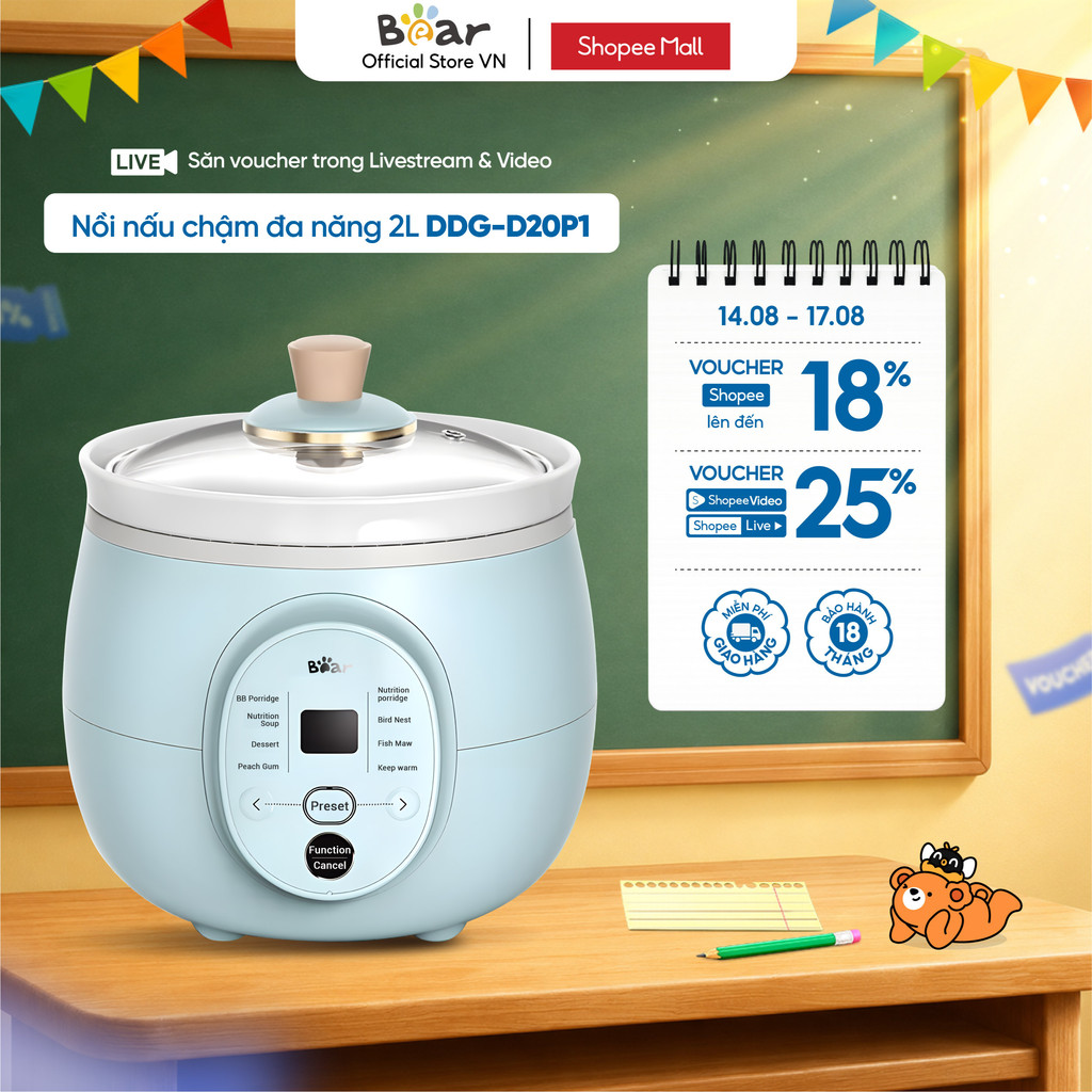 Nồi Nấu Chậm 2L Đa Năng Bear DDG-D20P1 – Chính hãng – Bảo hành 18 tháng