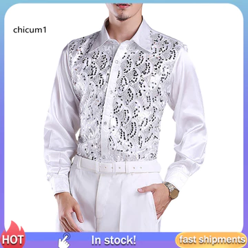 Chicu| Áo sơ mi thông thường trang trọng Áo sơ mi Sequin Áo sơ mi nam sang trọng Sequin Performance Áo sơ mi Slim Fit dài tay Ve áo trang trọng Áo sơ mi sân khấu đám cưới một ngực cho Đông Nam