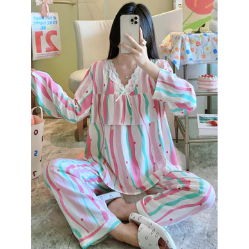 bộ đồ ngủ nữ dài tay set thu đông nữ Đồ ngủ bằng vải cotton quần dài tay dài chống lồi điểm mỏng mùa hè cho nữ bộ đồ cotton nhân tạo mặc ngoài rộng rãi đồ mặc ở nhà xuân thu