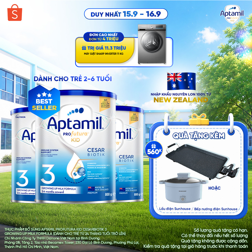 [MUA KÈM DEAL SỐC] Combo 3 Sữa bột Aptamil Kid Cesarbiotik New Zealand số 3 - 800g cho bé 2-6 tuổi_LS2