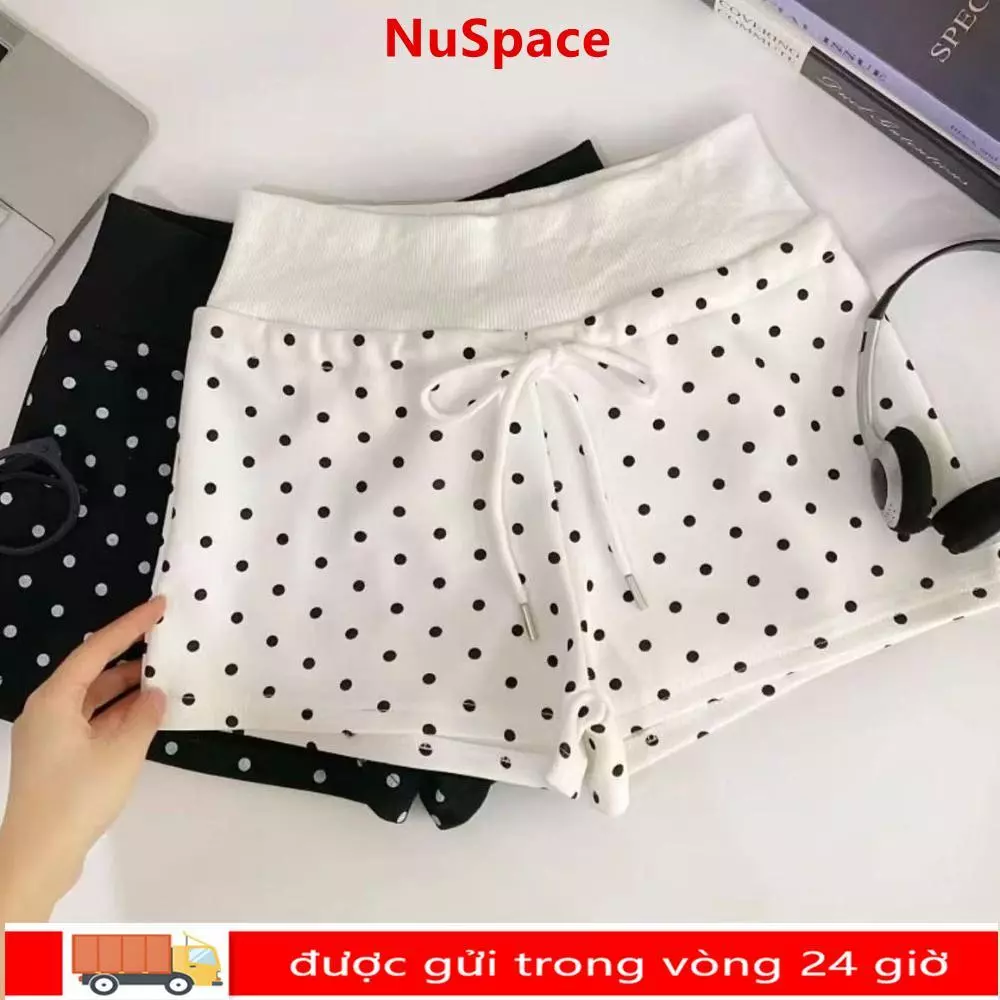 Quần Short Nữ NUSSPACE, Quần Short Chấm Bi Dây Rút Eo Chấm Bi, Quần Short Tủ Quần Áo Staple Cao Cấp Mềm Mại Thoáng Khí Dây Rút Quần Short Tập Yoga Fitness
