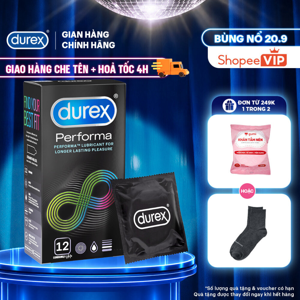 [HỎA TỐC 4H] Bao cao su Durex Performa kéo dài thời gian, size 52mm, hộp 12 bao
