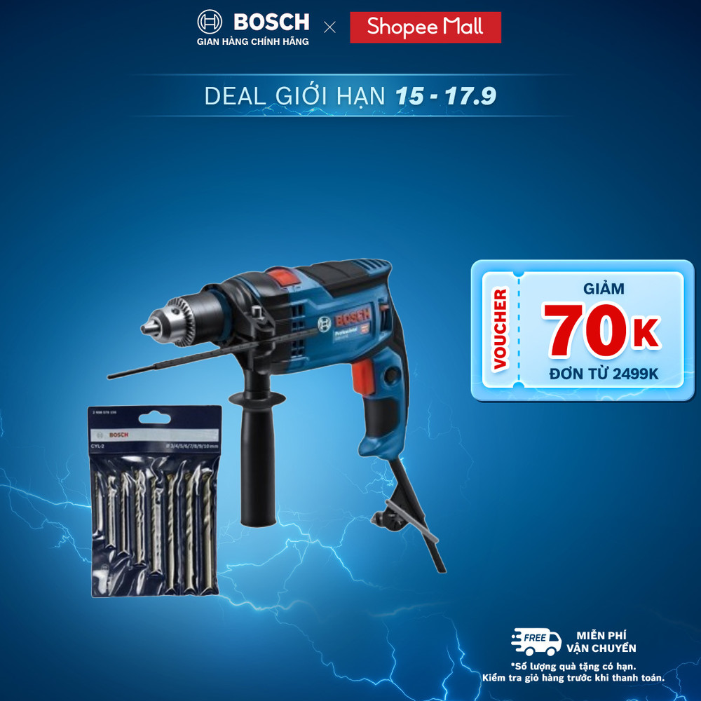 Máy khoan động lực Bosch GSB 16 RE (Hộp nhựa) - Tặng kèm 1 Bộ mũi khoan tường Bosch Concrete 3/4/5/6/7/8/9/10