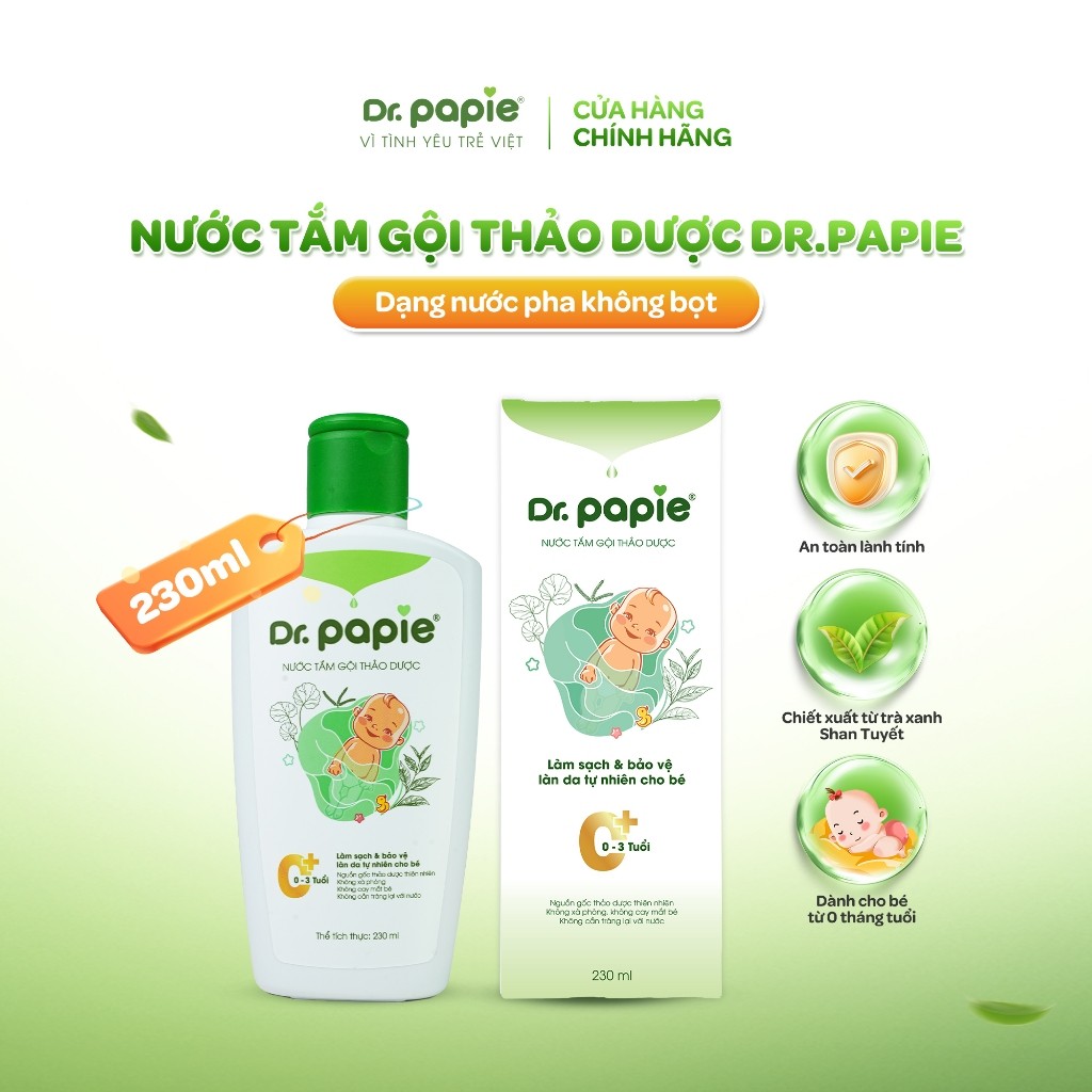 Nước Tắm Gội 2 IN 1 Cho Bé Sơ Sinh Chiết Xuất Thảo Dược Shan Tuyết Làm Mát Da Giảm Mẩn Đỏ Dr.Papie