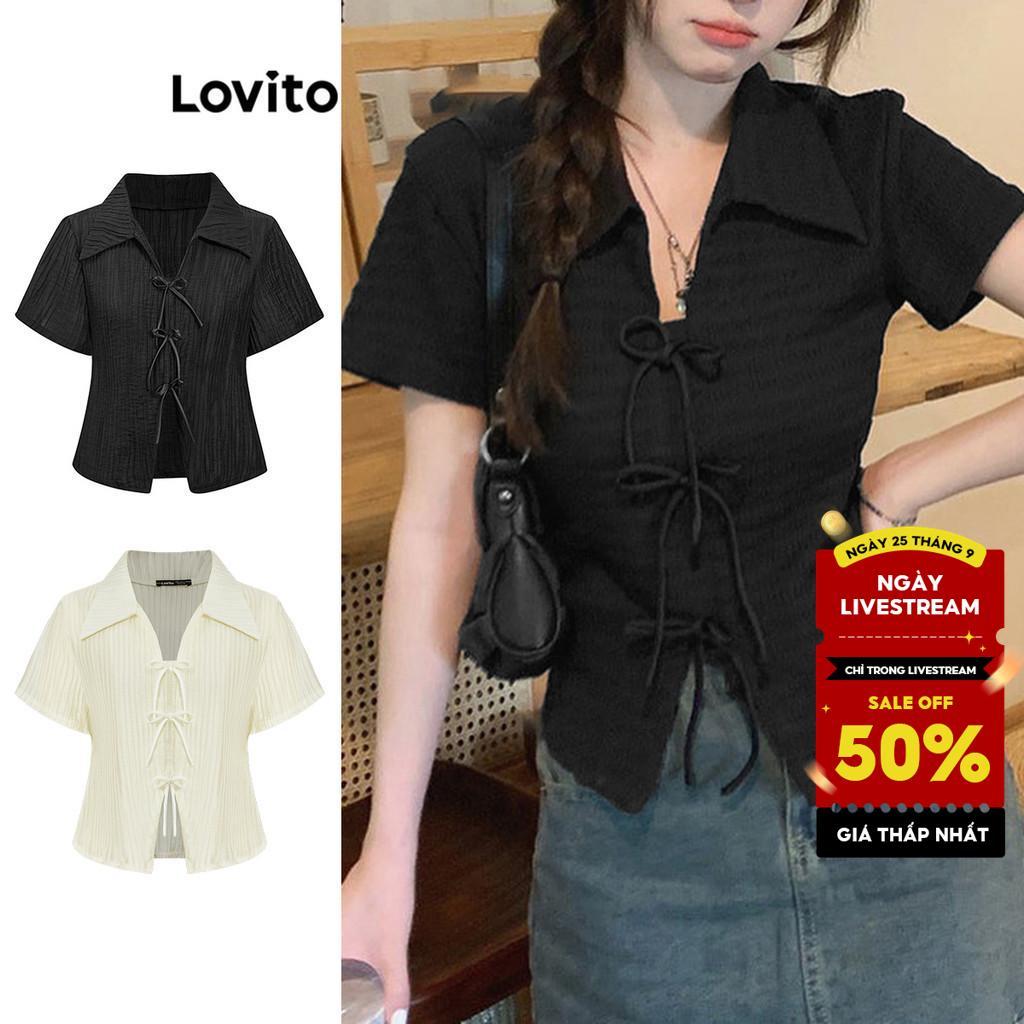 Lovito Phong cách thường ngày Áo thun dễ thương nơ Jacquard trơn mùa hè cho nữ L87ED028 (Nhiều màu)