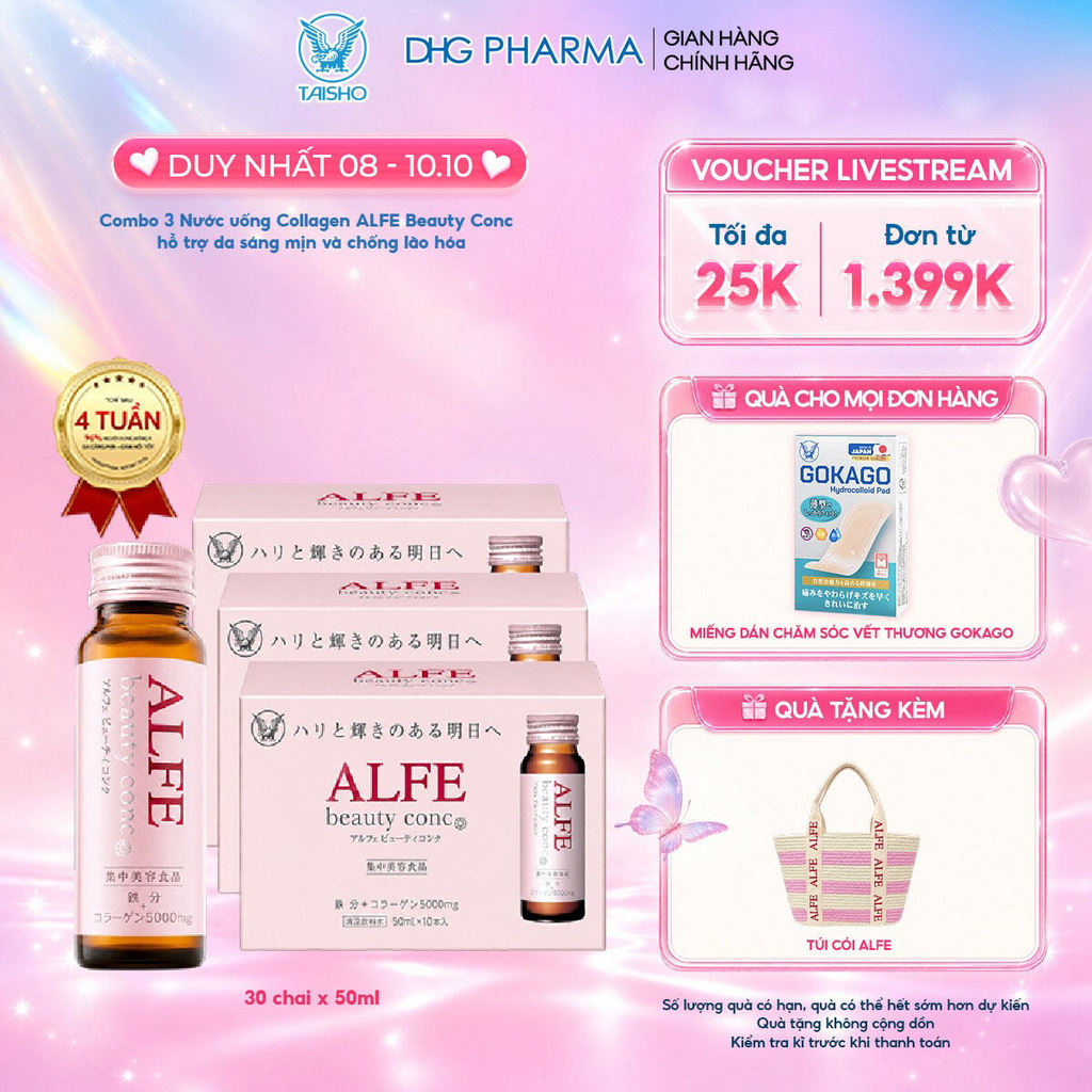 Combo 3 Nước uống Collagen Alfe Beauty Conc hỗ trợ da sáng mịn và chống lão hóa - Hộp 10 chai x 50ml