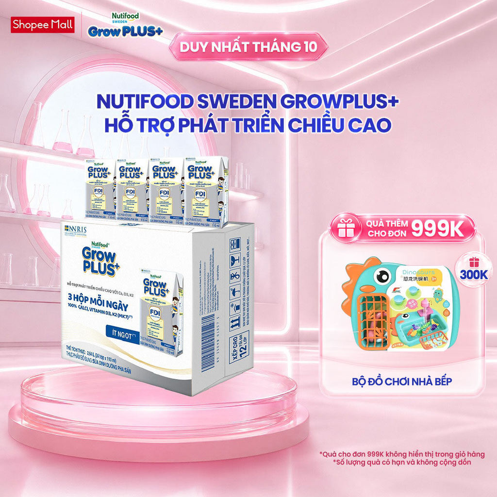 Thùng 24 hộp Sữa Bột Pha Sẵn Nutifood Sweden GrowPLUS+ Cao lớn vượt trội Height hộp 110 ml