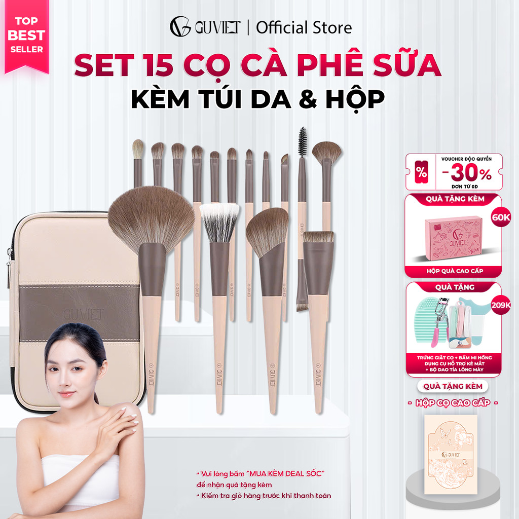 Bộ cọ trang điểm cá nhân cao cấp GUVIET màu cà phê sữa gồm 15 cọ đi kèm túi da và hộp đựng