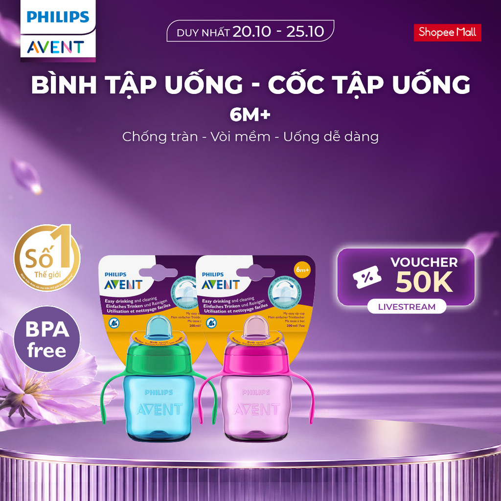 Bình Tập Uống - Cốc Tập Uống Cho Bé Từ 6 Tháng 200ml Philips Avent Có Vòi Hút Silicon Mềm An Toàn
