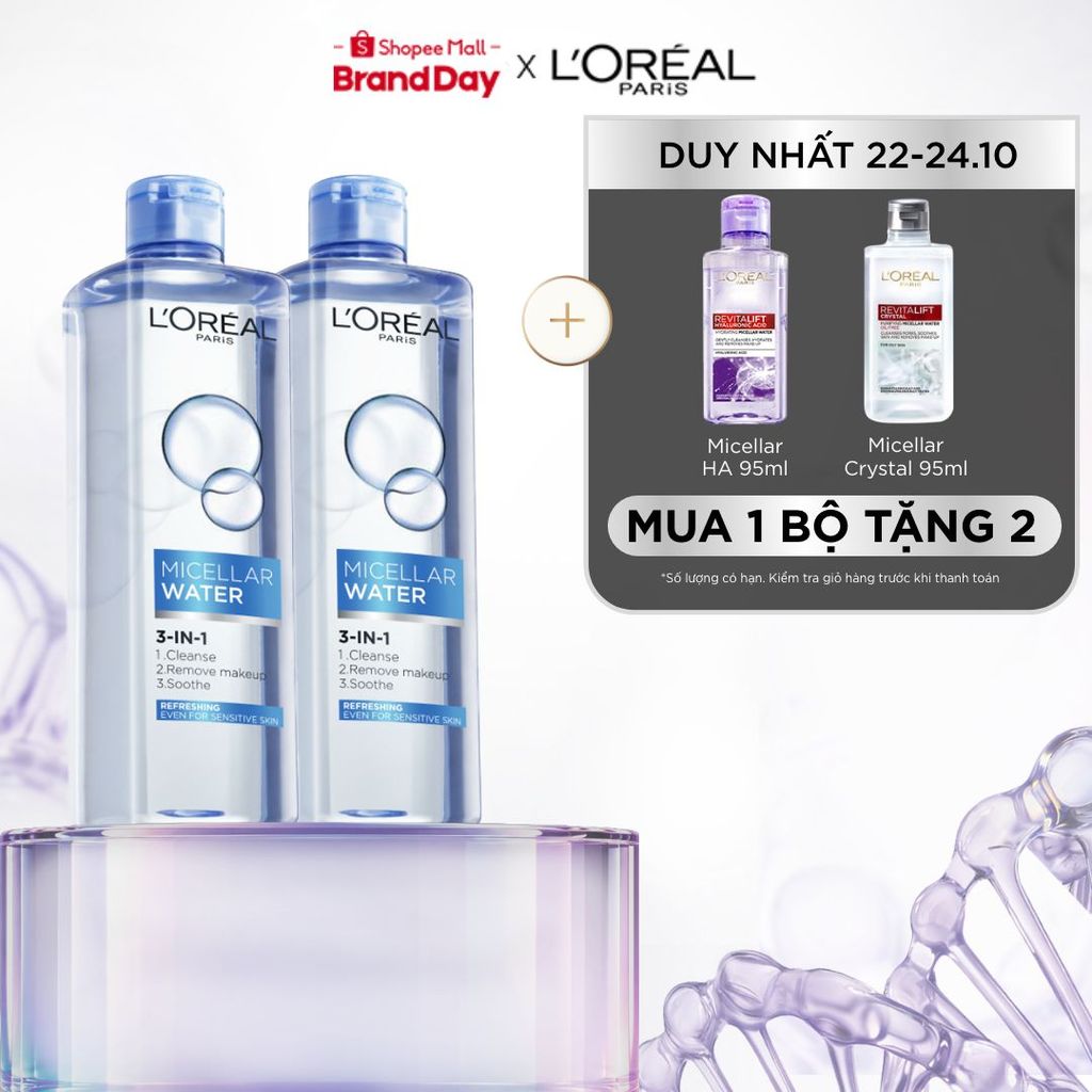 Bộ 2 nước tẩy trang đa năng 3in1 tươi mát L'Oreal Paris (xanh dương nhạt) 400ml