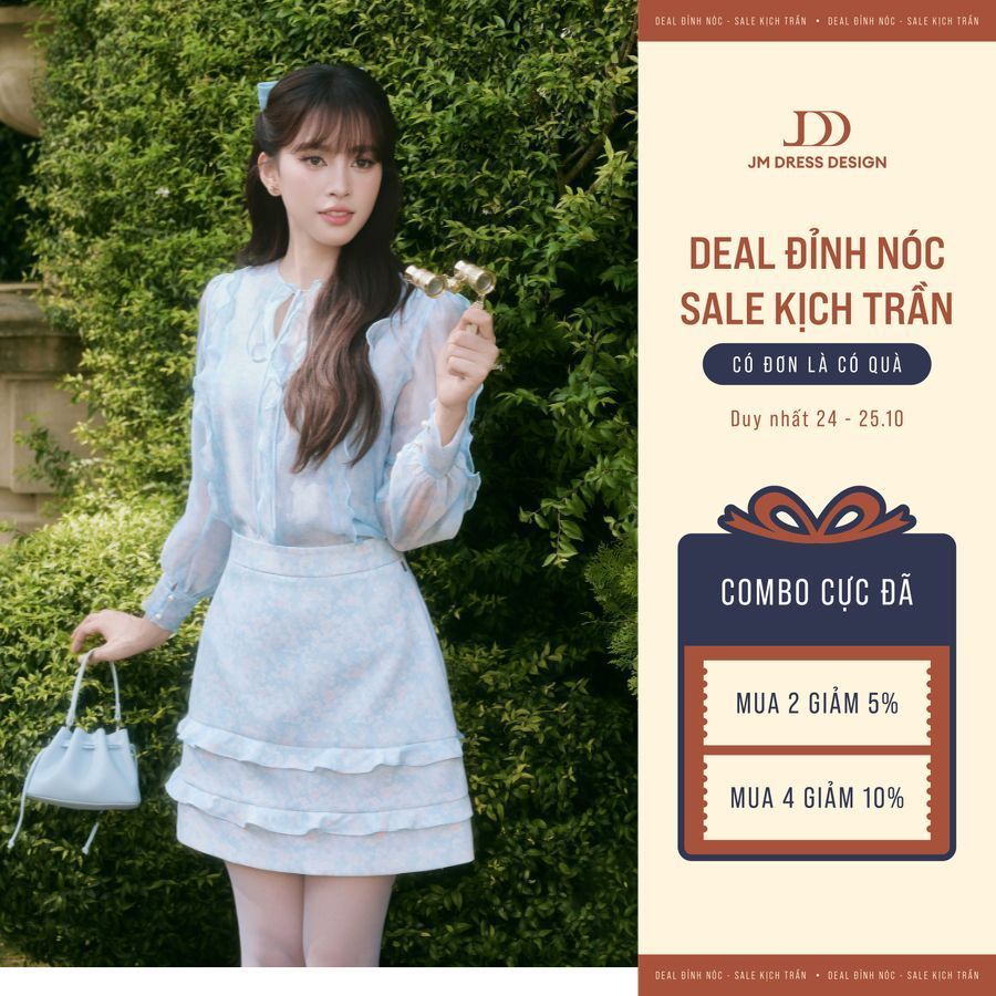 Set Áo Xuân Hè Cổ Tròn Phối Bèo Dọc 2T04.2601, Chân Váy Xuân Hè Dáng A Ngắn 2 Tầng Bèo 4S03.2601. Set Voan Tiểu Thư JM