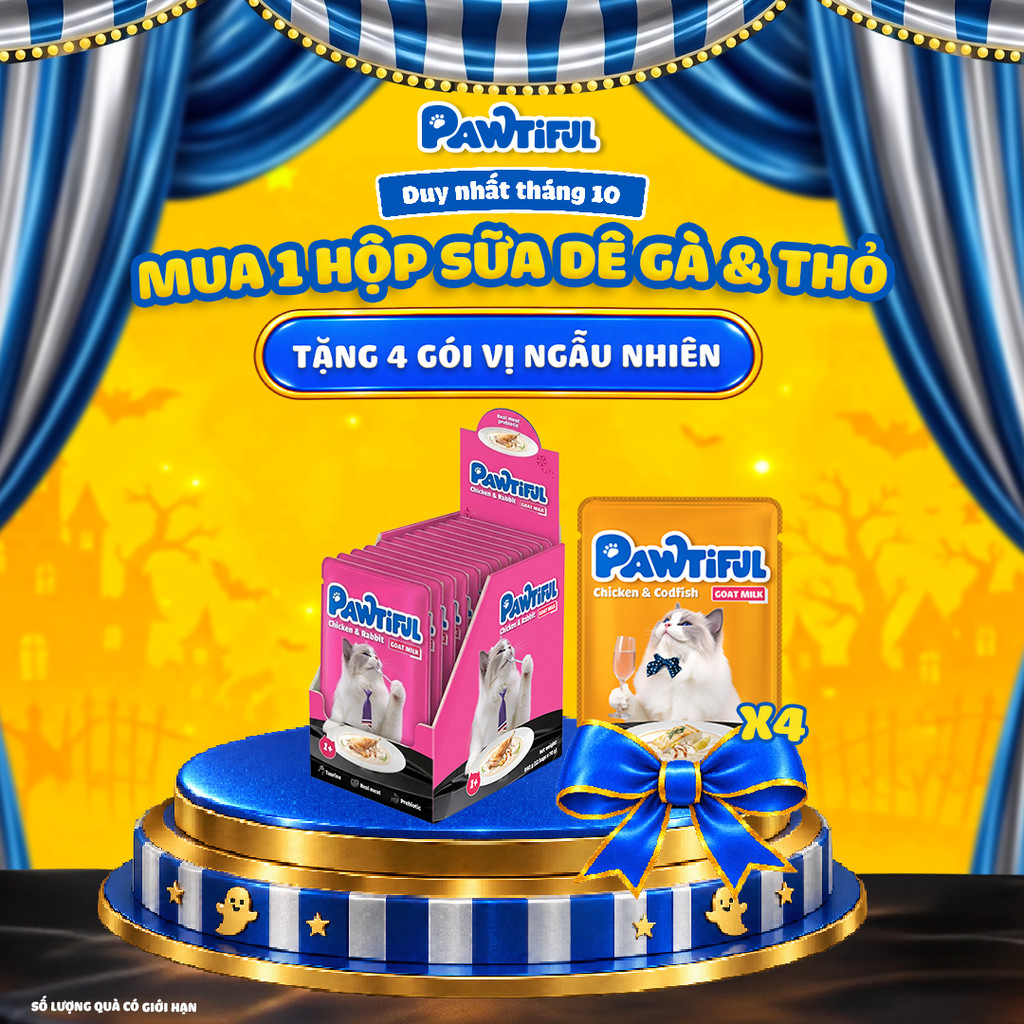 [MUA 12 TẶNG 4] Hộp 12 gói Pate cho mèo Pawtiful Dạng Sữa dê vị Gà & Thỏ 70g x12