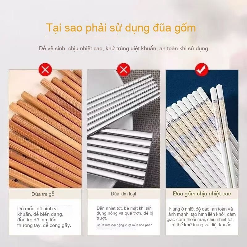 Đũa gốm gia dụng chống rơi, cấp thực phẩm, nhiều họa tiết