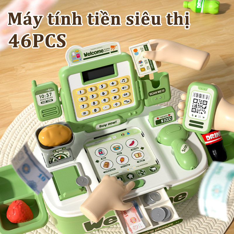 Máy Tính Tiền Cho Bé đồ Chơi, bộ đồ chơi siêu thị thu ngân 2 trong 1 dành cho trẻ em,Bộ 46 Món, quà sinh nhật cho trẻ em