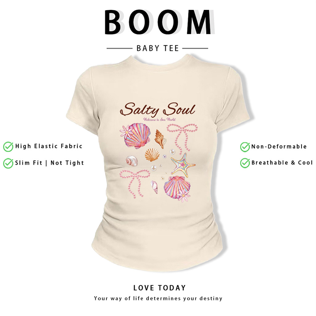 BOOM Áo Baby Tee Nữ Cotton Ôm Body-Áo Thun Ngắn Tay Y2K In Hình PhongCách Mùa Hè, Cổ Tròn Hàng Đầucách hàn quốc phong657
