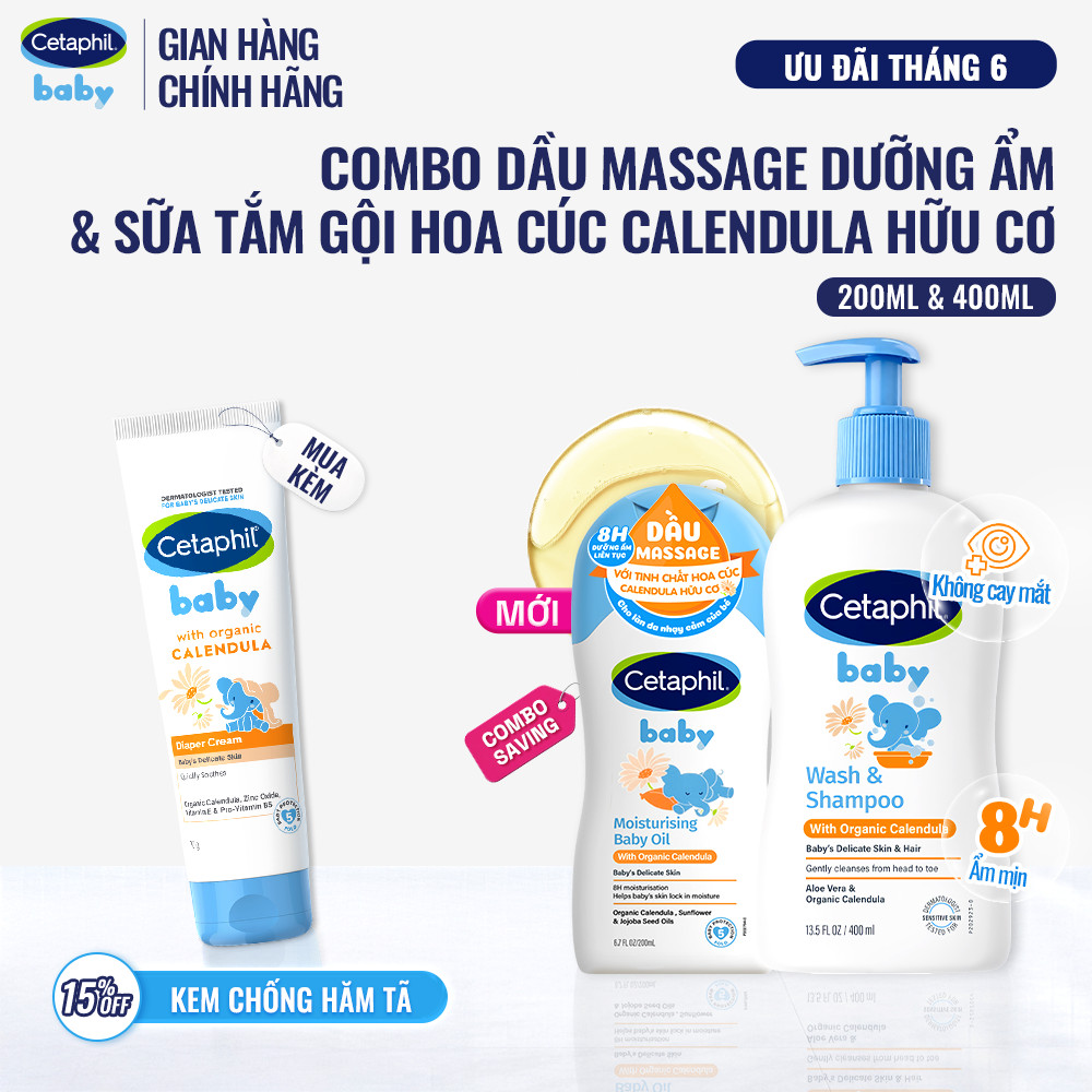 [CETAPHIL X HANNAH] Combo Sữa tắm gội dưỡng ẩm dịu lành hoa cúc Calendula hữu cơ 400ML & Dầu massage Calendula Oil 200ML