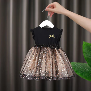 Bé Gái Đen Ruffle Tay Đầm Ghép Ngôi Sao Lấp Lánh Lưới Ngọt Ngào Đầm Dự Tiệc Trẻ Em Trang Phục Mùa Hè