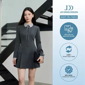 Đầm Chân Xếp Ly, Cổ Phối Kẻ 1F42.2511, Đầm Dáng Ngắn Phối Cổ Sơ Mi Màu Kẻ Sáng Form Ôm Nhẹ Đầm Dự Tiệc Trẻ Trung By JM