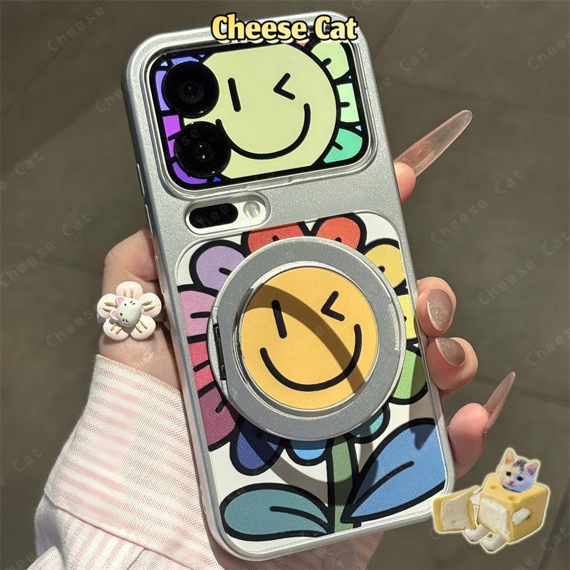 Ốp điện thoại xoay kim loại hình mặt cười hướng dương đầy màu sắc cho iPhone 17 16 15 14 Pro Max 13 12 11 Xs XR