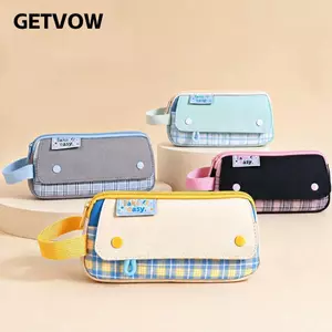 GETVOW Bút Chì, Túi Đựng Bút Cầm Tay Dung Tích Lớn Chống Bắn, Dây Kéo Di Động Đóng Cửa Hoạt Hình Phong Cách Kẻ Sọc Đơn Giản Túi Bảo Quản Văn Phòng Phẩm Quà Tặng