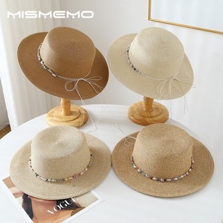 MISMEMO Mũ nữ đính hạt vỏ ống hút vành lớn, che nắng mùa xuân hè, phong cách kỳ nghỉ bãi biển