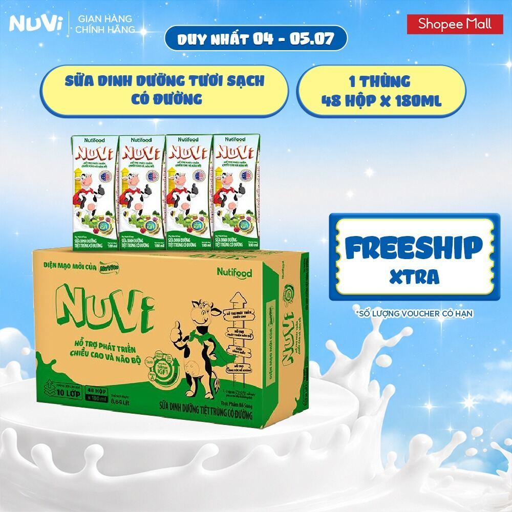 Thùng 48 Hộp Sữa Dinh Dưỡng Tươi Sạch NuVi Có Đường 180ml
