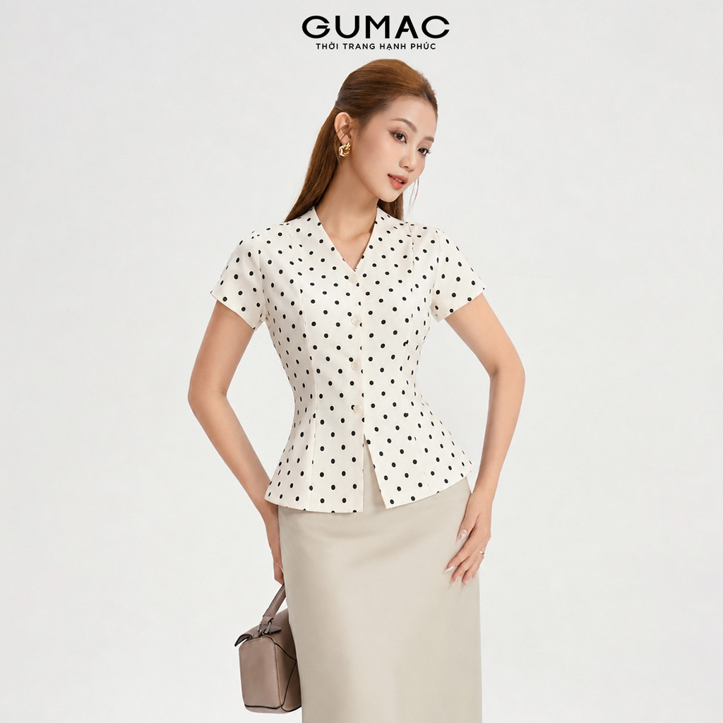 Áo Peplum Nữ GUMAC Form Ôm Cổ V Tay Ngắn Chất Poly Chấm Bi Đứng Form Đính Nút Vân Thanh Lịch LAG06044