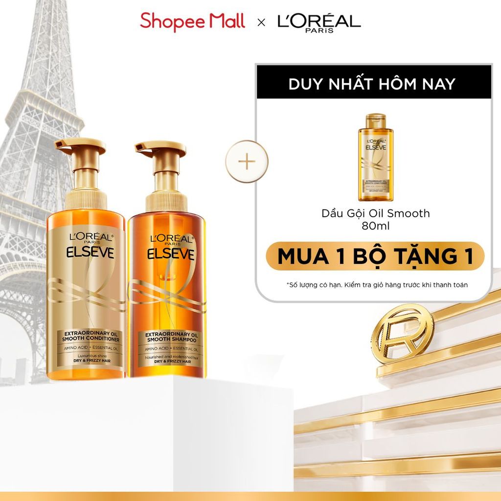 Bộ gội xả dưỡng tóc suôn mượt cao cấp L'Oreal Paris Extraordinary Oil Smooth 440ml x2
