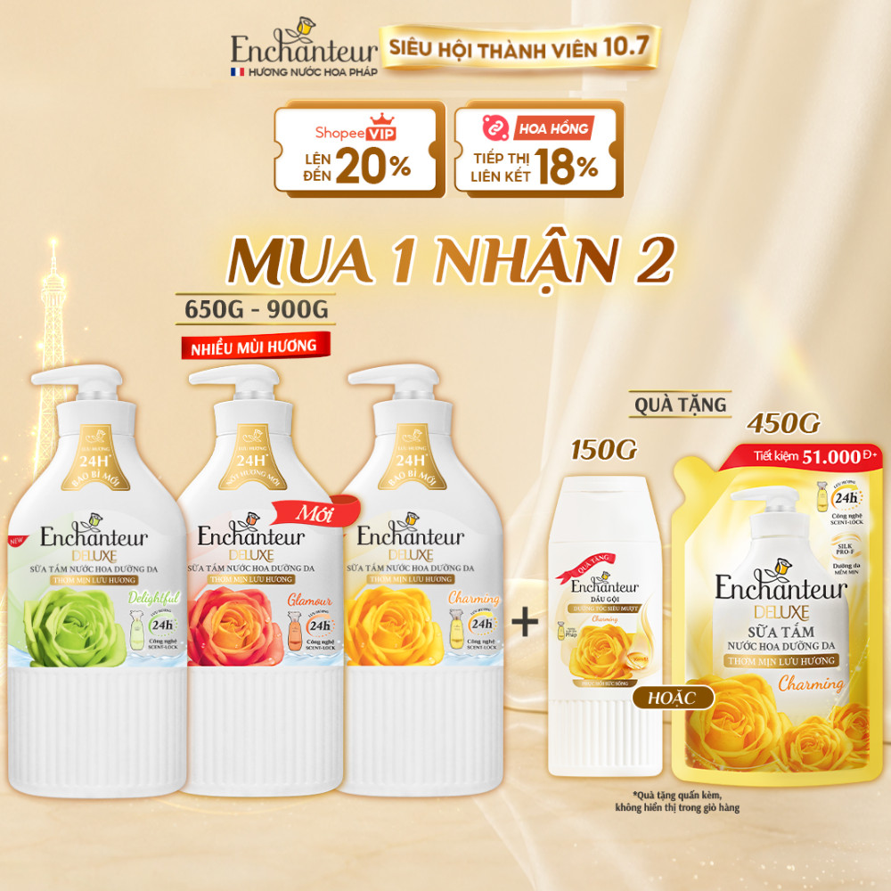 [TẶNG Túi 200G/ 450G] Sữa tắm hương nước hoa Pháp Enchanteur Deluxe 650g / 900g (Tặng mùi ngẫu nhiên)