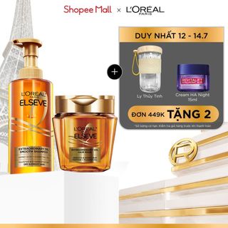 Bộ dầu gội và mặt nạ ủ tóc giúp tóc suôn mượt, nuôi dưỡng sâu Extraodinary Sleek Oil Smooth L'Oreal Paris 440ml, 250ml