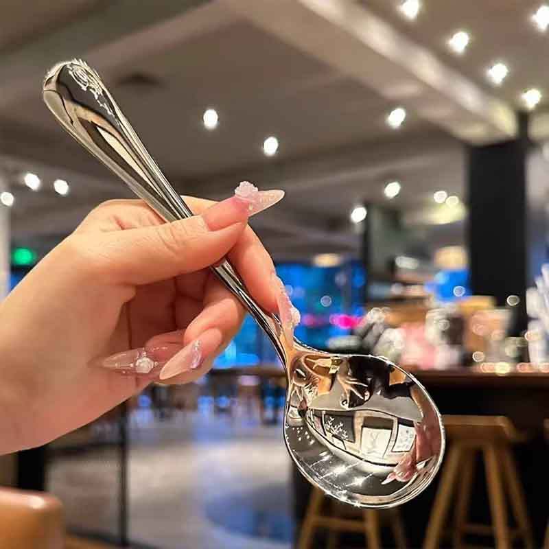 Thìa Inox Nhà Đơn Giản Dễ Thương Thìa Cơm Sáng Tạo Tay Cầm Dài Thìa Tròn