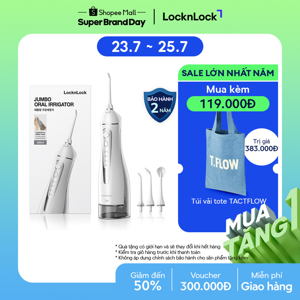 Máy tăm nước Lock&Lock Jumbo oral irrigator 300ml 3 loại đầu tăm 4 chế độ sử dụng đến 20 ngày Màu xám ENR166GRY
