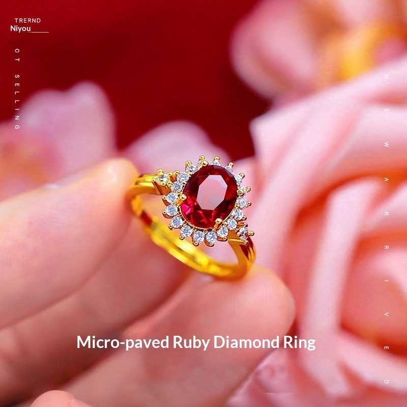Nhật Bản Thời Trang Hàn Quốc Nữ Ruby Micro Kim Cương Nhẫn Việt Nam Cát Vàng Đồng Mạ Vàng 18k Ruby Nhẫn Kim Cương Nữ Phong Cách
